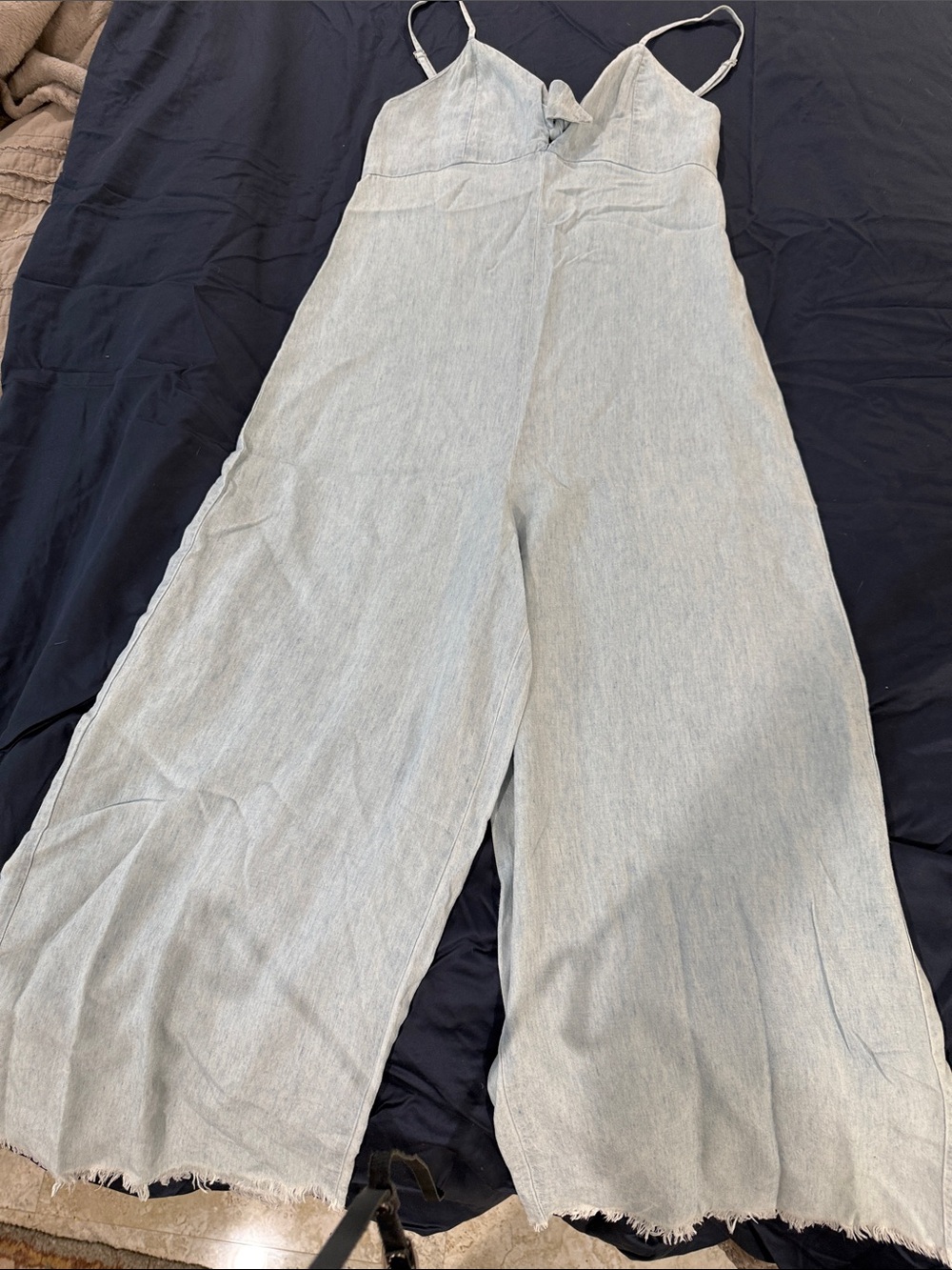 Linen tencel  Wide-Leg Jumpsuit with Adjustable Straps in pale blue with zipper
